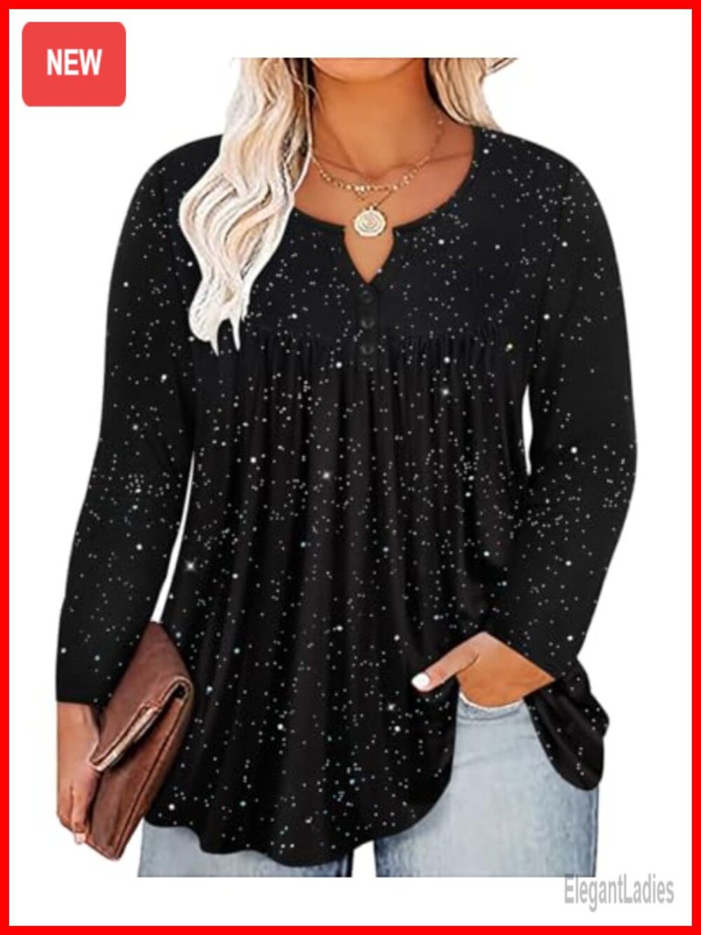 Plus Size Long Sleeve Henley V-Neck Tunic Top